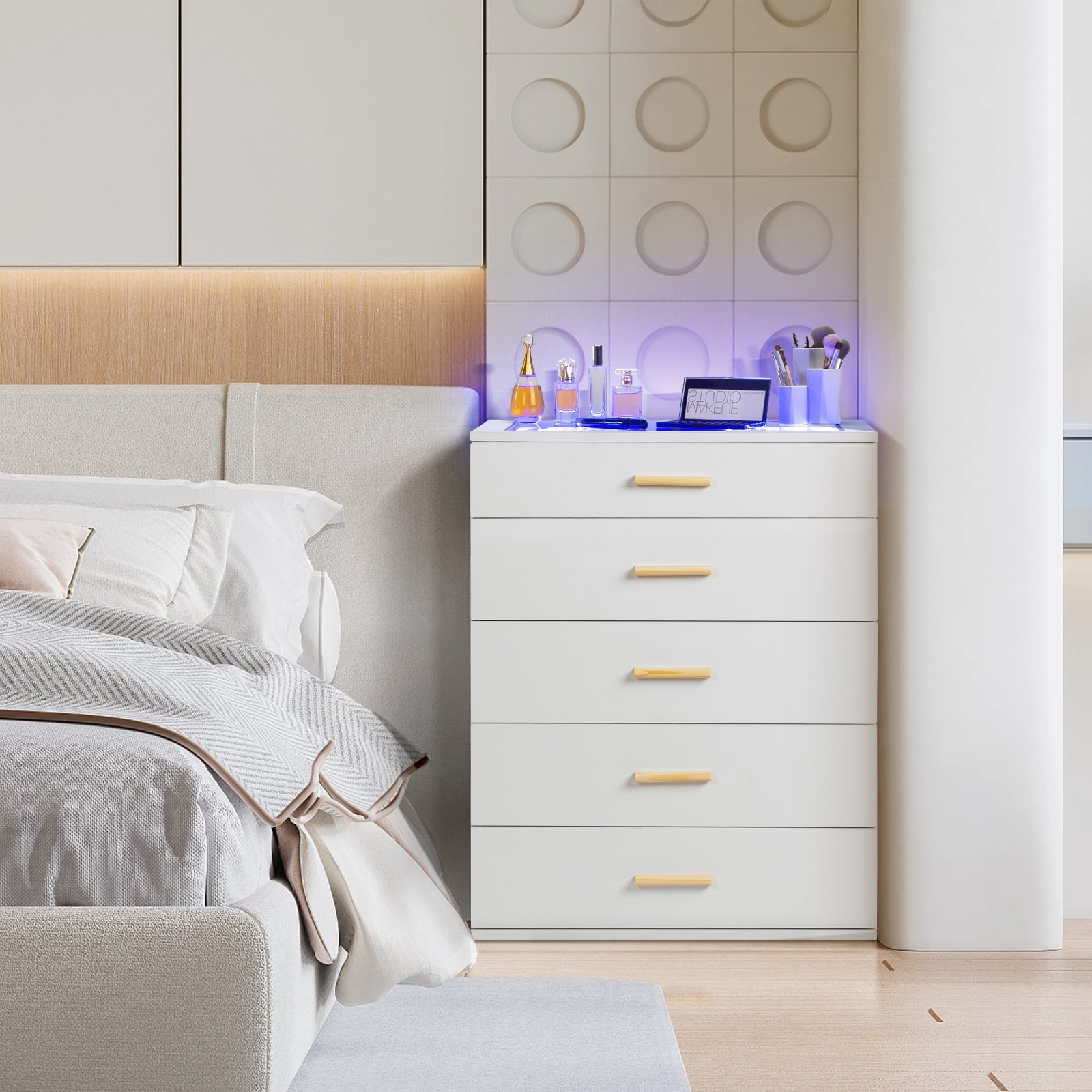 Bedside Table Dresser Nightstand Particleboard Wood Three Drawers With LED Light, White