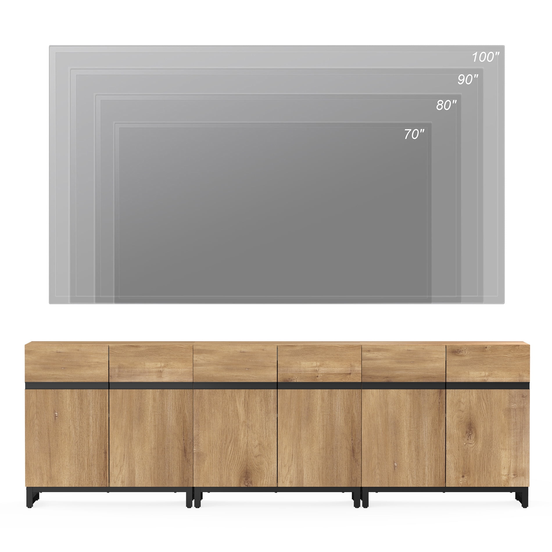 WAMPAT 94.5" TV Stand with Doors,Modern TV Stand for TVs up to 110 Inch,3 Packs Wood Entertainment Center with Adjustable Shelves & Metal Base.