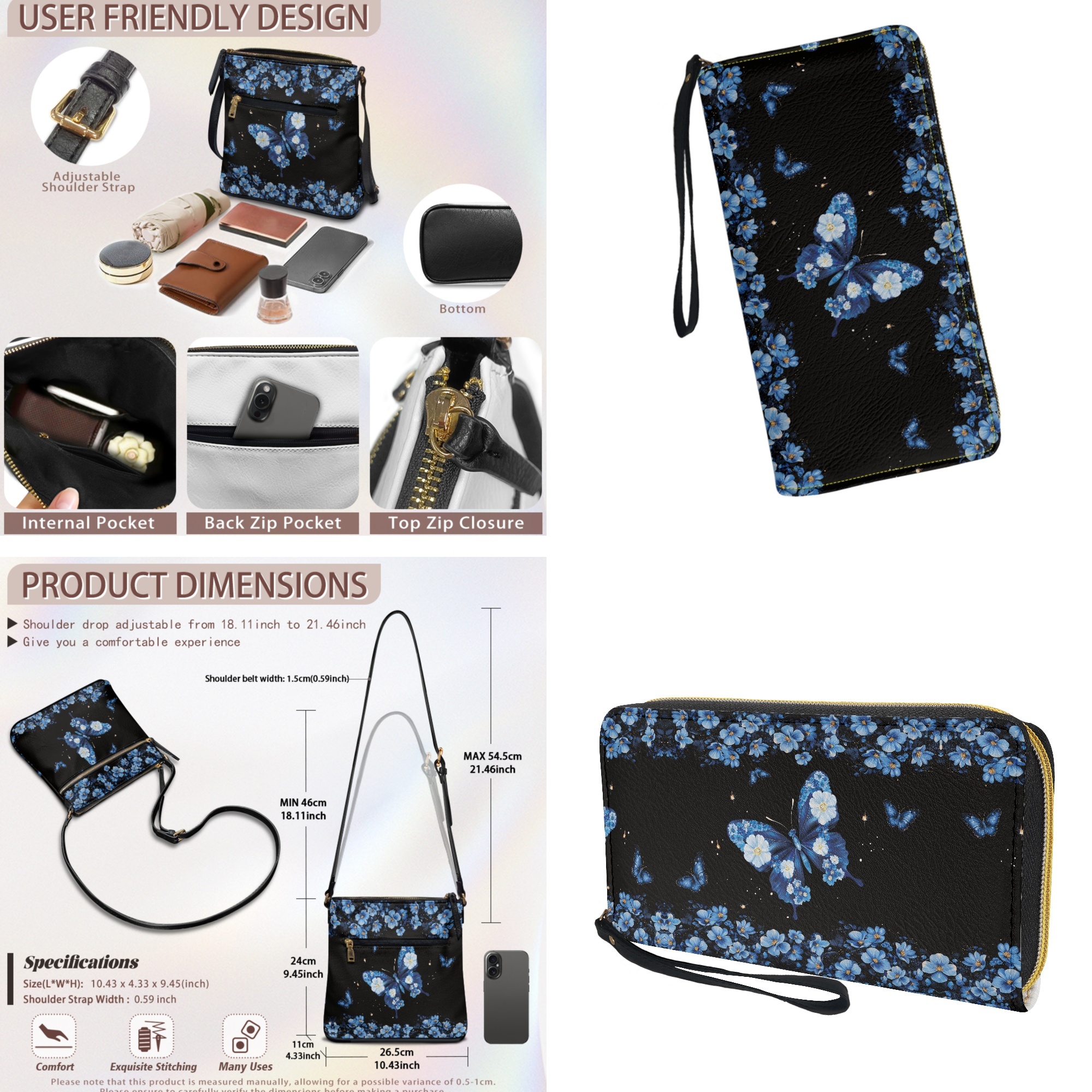 ZUXONGSY Butterfly Flower Print Women's Crossbody Hobo Purse & Wallet Set, PU Leather Satchel Bag with Multi-Pocket Design & Adjustable Strap for Travel & Work