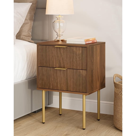 Bedside table with two storage drawers, mid-century modern style bedside table, compact gold-framed side table, suitable for bedrooms and living rooms.