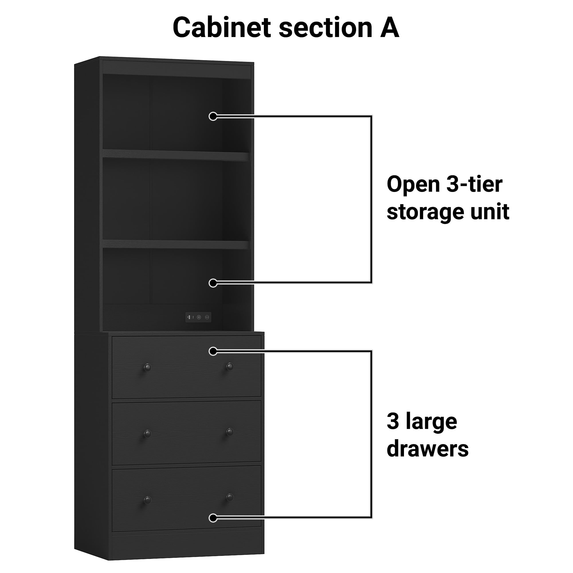 IDEALSOUL 3PCS 71" Tall Bookcase with Drawers, Black Combination Bookcase with Charging Station and LED Light, Freestanding Display Cabinet with Large Storage Space for Living Room, Office, Bedroom