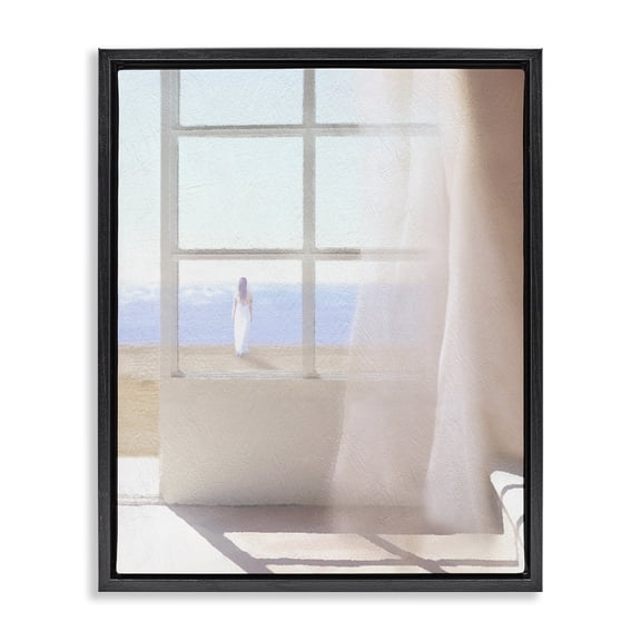 Stupell Industries Coastal Soothing Beach Sunlight Woman Waiting Shoreline Window Black Floating Frame Canvas Art, 17 x 21, by Noah Bay