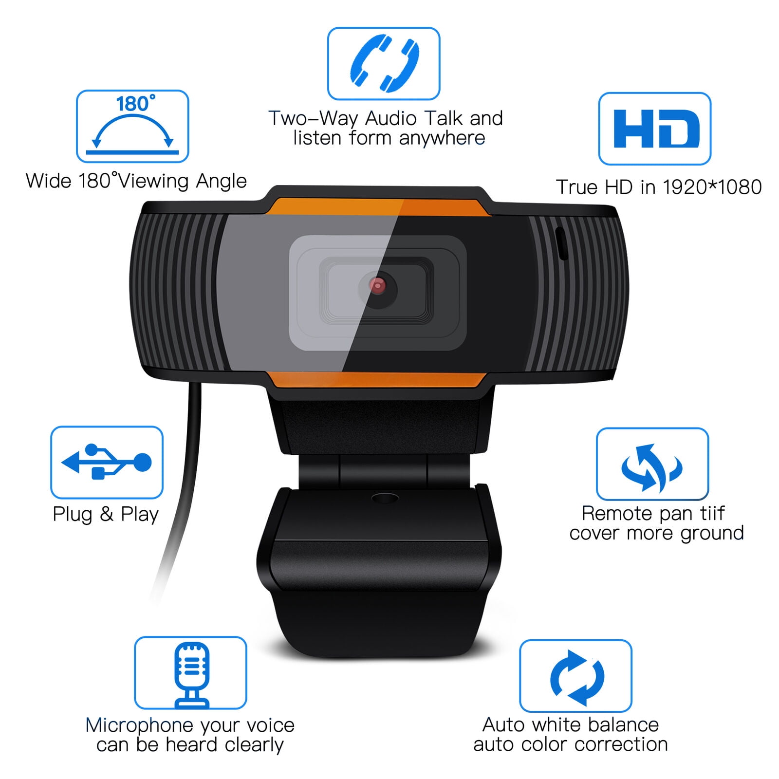 Webcam with Microphone, 1080P HD Webcam with 180-Degree Wide View 