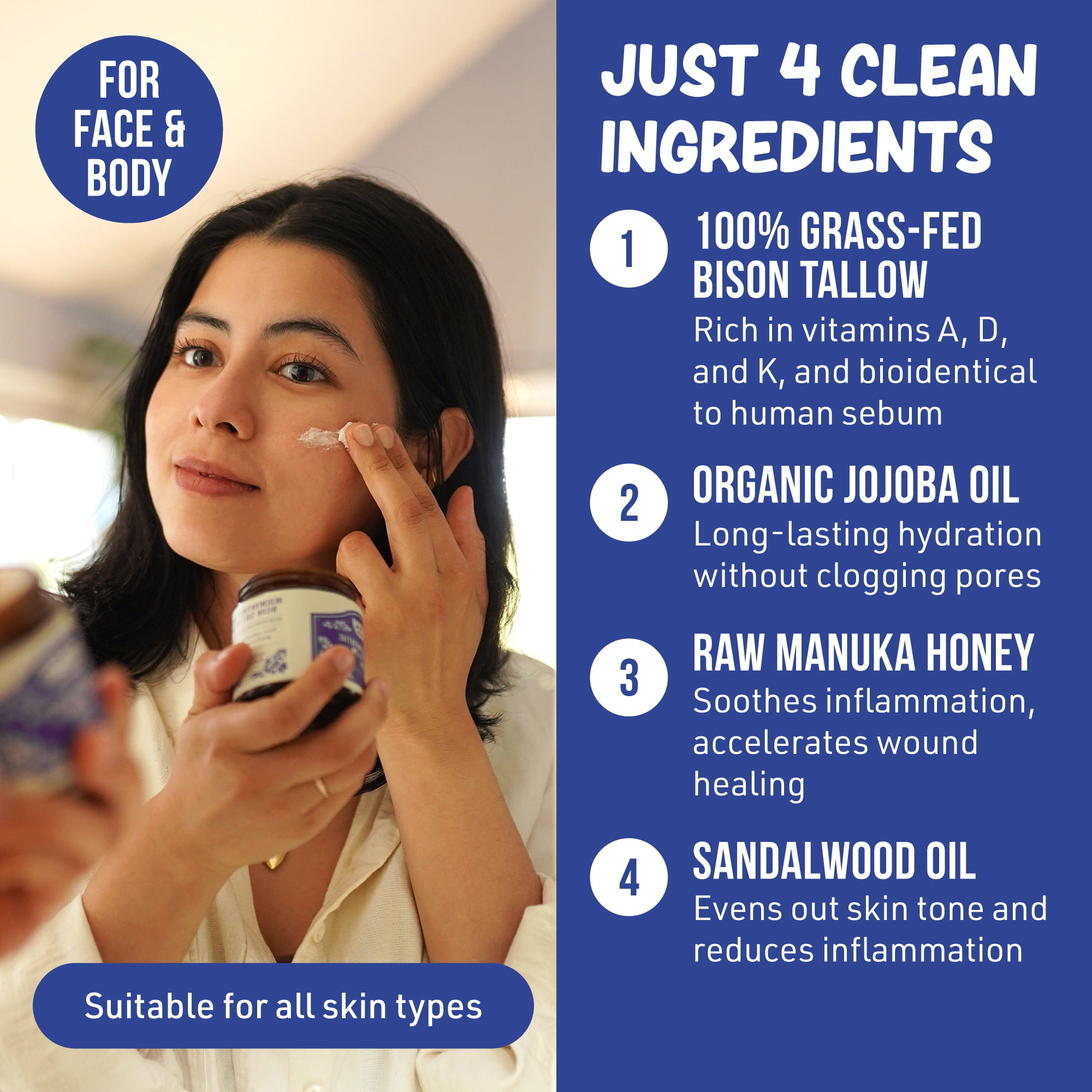 Grazly Sandalwood Whipped Bison Tallow Balm with Manuka Honey & Jojoba Oil - Grass-Fed & Finished Organic Tallow Face Moisturizer - Face & Body Cream for Acne-Prone Skin - Nourishing Skincare - 2.5oz