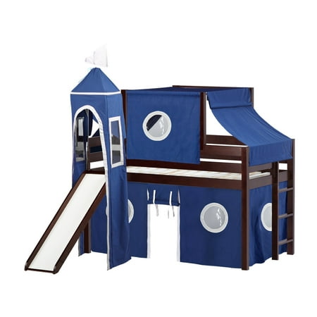 JACKPOT! Castle Low Loft Bed with Slide Blue & White Tent and Tower Loft Bed Twin Cherry