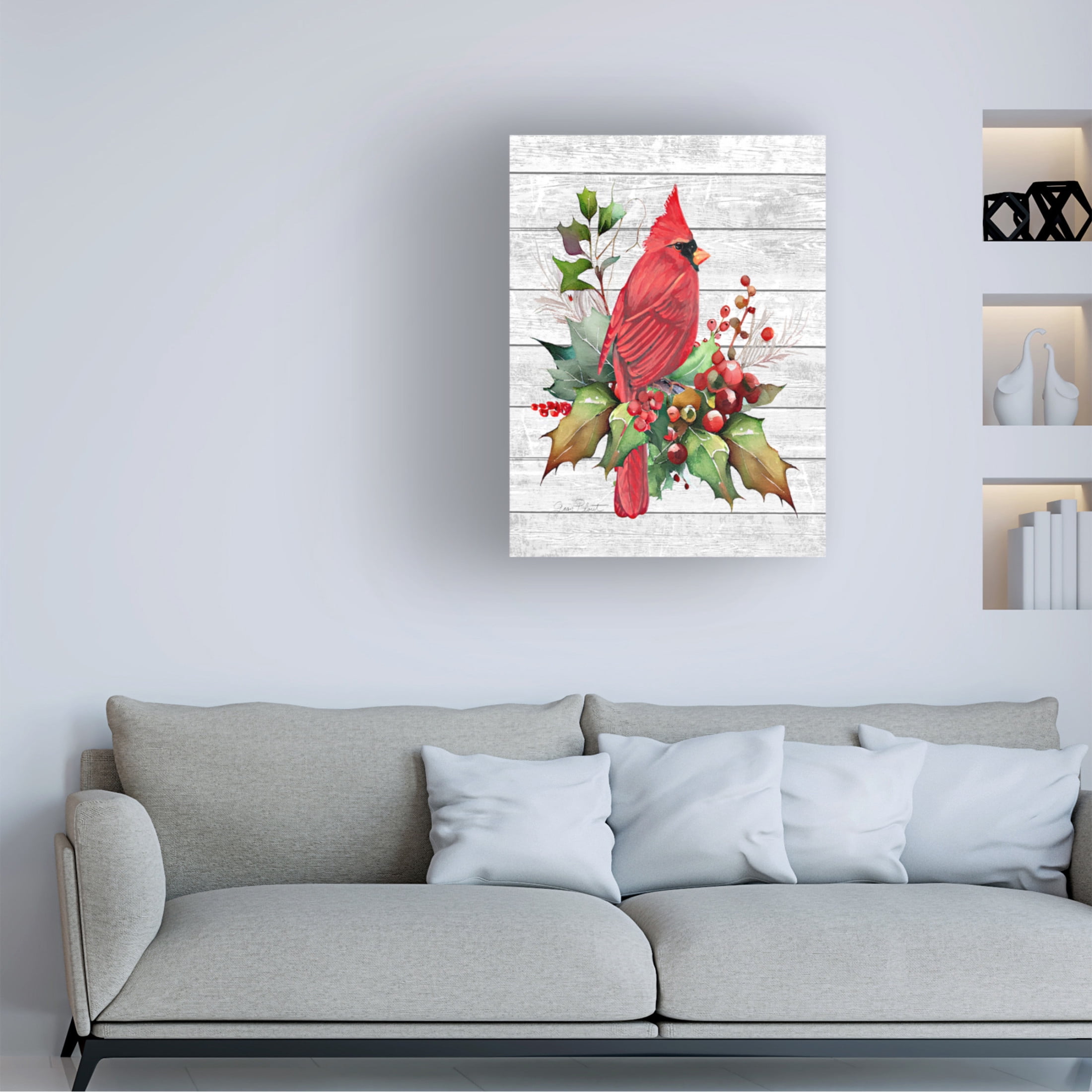 Canvas Wall Art - Jean Plout 'Cardinal Christmas on Shiplap 1' Wall Art for Living Room, Bedroom, or Office Décor by Trademark Fine Art - 35 x 47 Inches