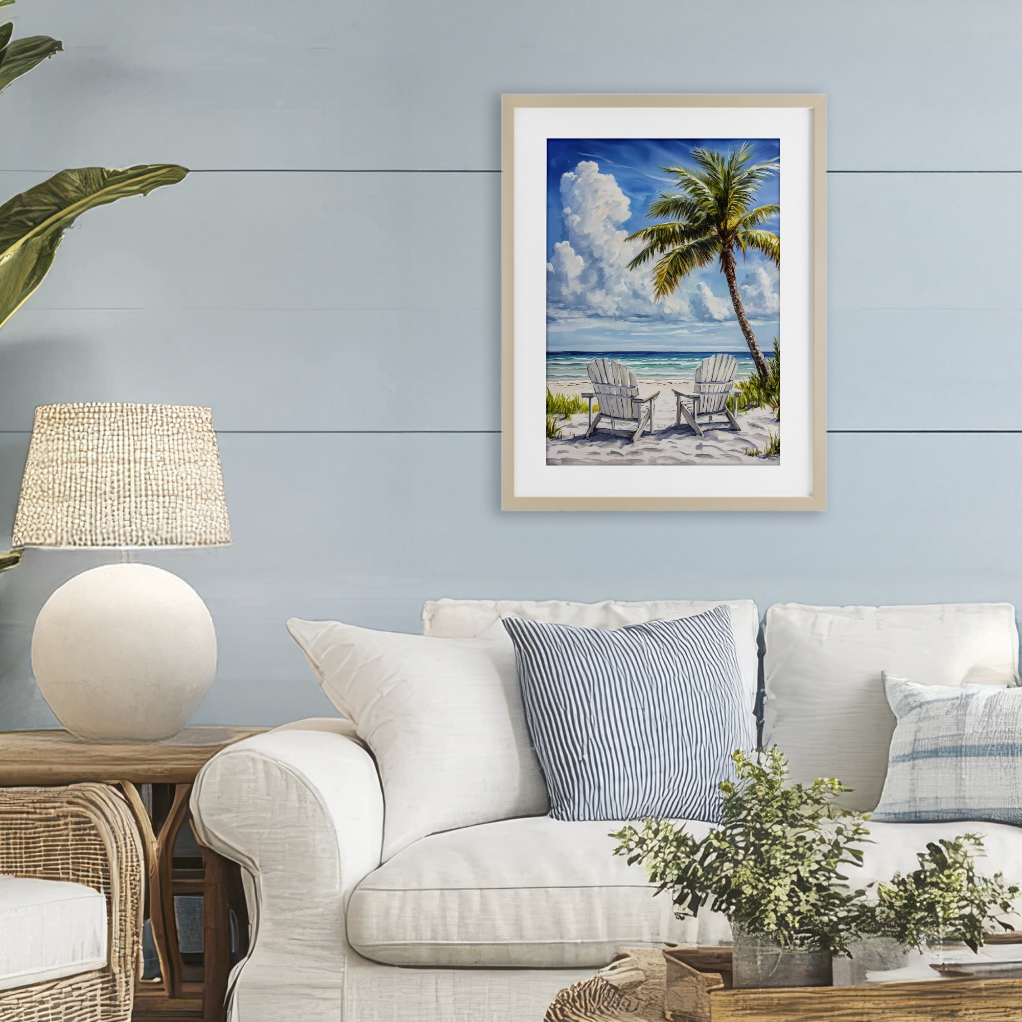 Stupell Industries Clouded Beach with Looming Palm Birch Framed Print Under Glass, design by Petal Prints Design