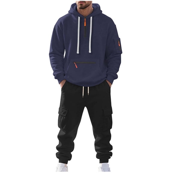 2PC Cargo Sweatsuit for Men Long Sleeve Color Block Quarter Zip Hoodie Elastic Cuffed Joggers Outfit Set with Pockets Black L