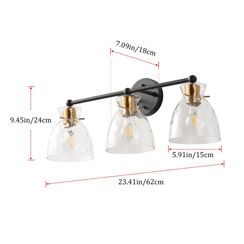 Classic 3-Light Vanity Light Fixture, 23.4 inches Wall Mounted Lighting with Clear Glass Shade for Powder Room, Bedroom, Dining Room