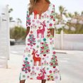 thumbnail image 2 of Women's Fall Dresses 2022 Button up V-Neck Loose Long Sleeve Dress Casual Christmas Print Cocktail Dresses with Pockets, 2 of 5