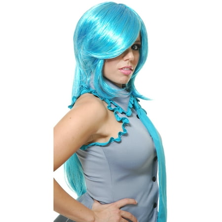 Womens Adults Deluxe Neon Blue Anime Kagamine Kaito Side Ponytail Wig