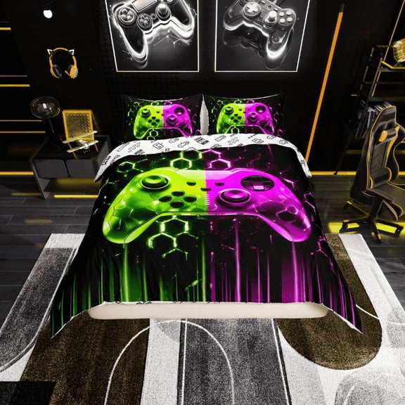 Erosebridal Gamer Gaming Duvet Cover Twin, Purple Green Gamepad Bedding Sets Twin Size, Gradient Neon Stripe Room Decor, Reversible 2pcs (No Comforter)
