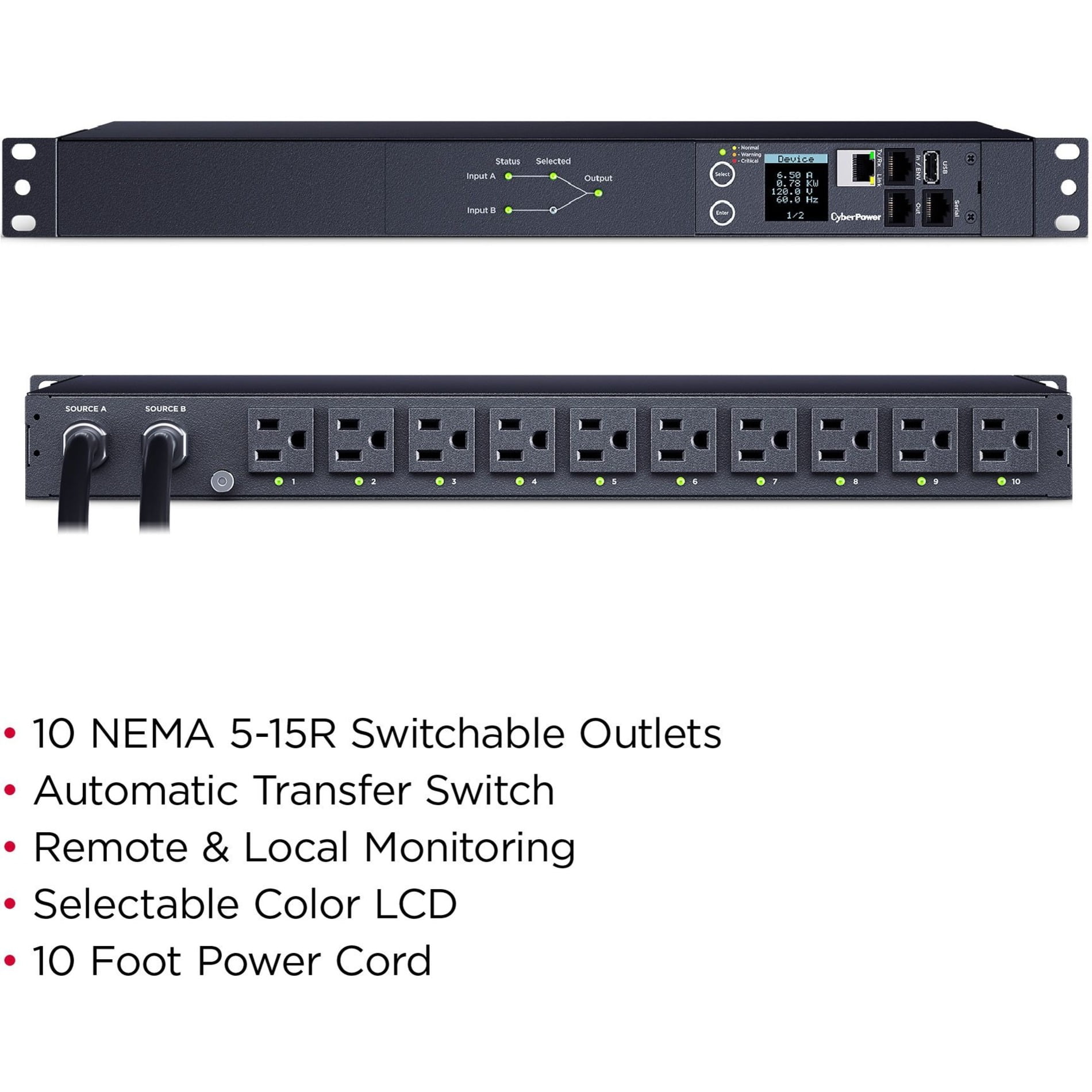 1U Rackmount 10 Outlets 100-120V/20A CyberPower PDU20SWT10ATNET Switched ATS PDU 