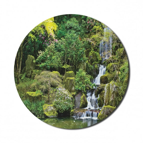 Garden Mouse Pad for Computers, Pond in Style Garden Arboretum Trees Bush Foliage Rocks Waterscape Picture, Round Non-Slip Thick Rubber Modern Gaming Mousepad, 8" Round, Green White, by Ambesonne