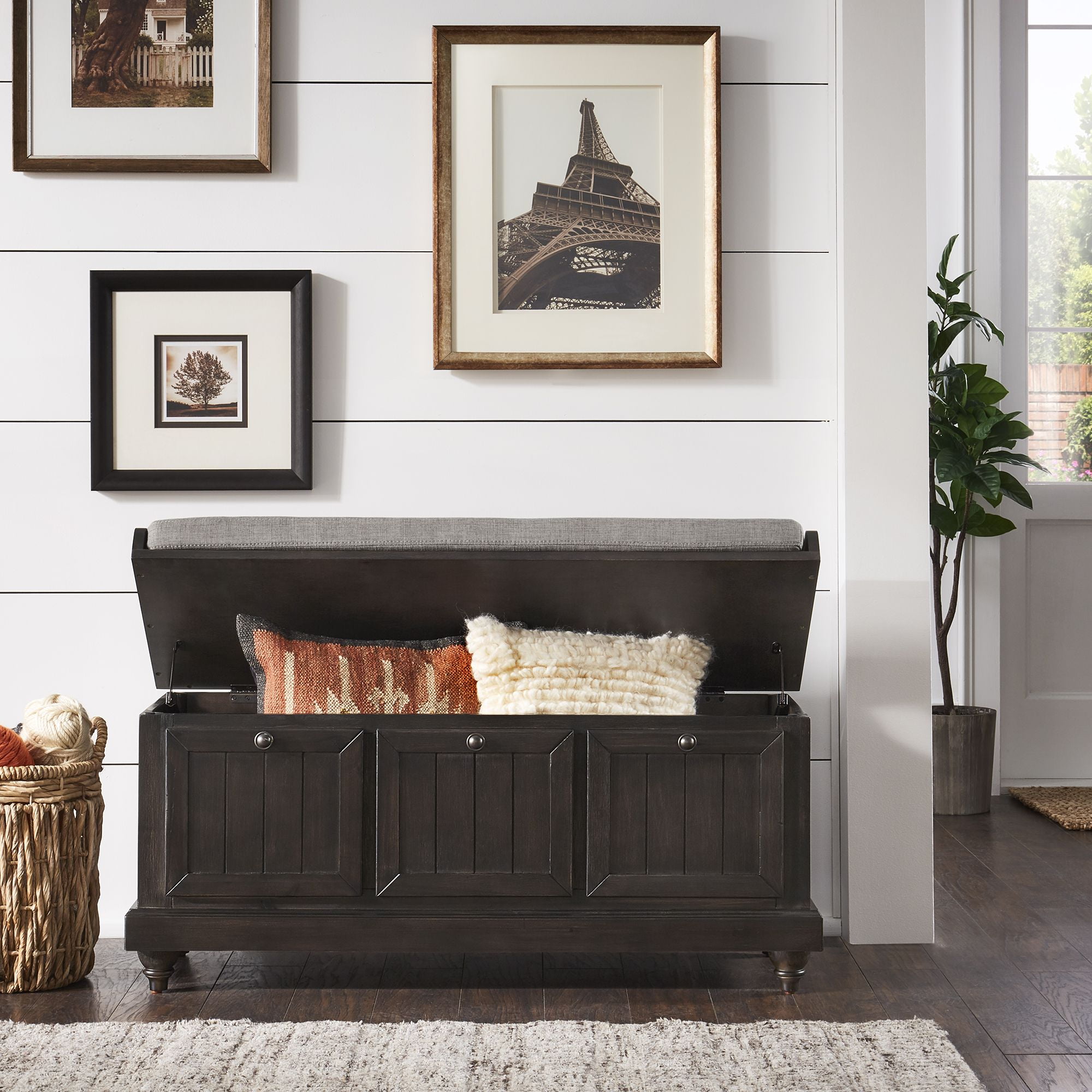 Weston Home Marin Storage Bench with Linen Seat Cushion, Antique Black