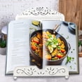 thumbnail image 3 of White Metal Recipe Book Stand – Ornate Floral Cookbook Holder, Vintage Distressed Decorative Easel for Kitchen Counter, Farmhouse Decor, Perfect Gift for Moms, Chefs, and Cooking Enthusiasts, 3 of 5