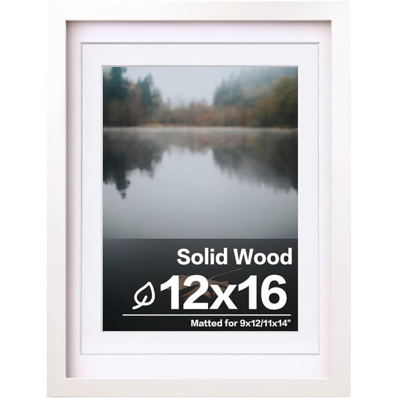 12x16 Picture Frame White Covered by Plexiglass Made of Solid Wood, Display Pictures 9x12 and 11x14 with Mat or 12x16 Without Mat for Wall Mounting