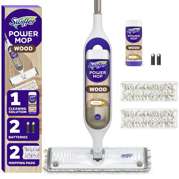 Swiffer PowerMop Wood Mop Kit for Wood Floor Cleaning, QuickDry Solution, Lemon Scent, Mopping Kit