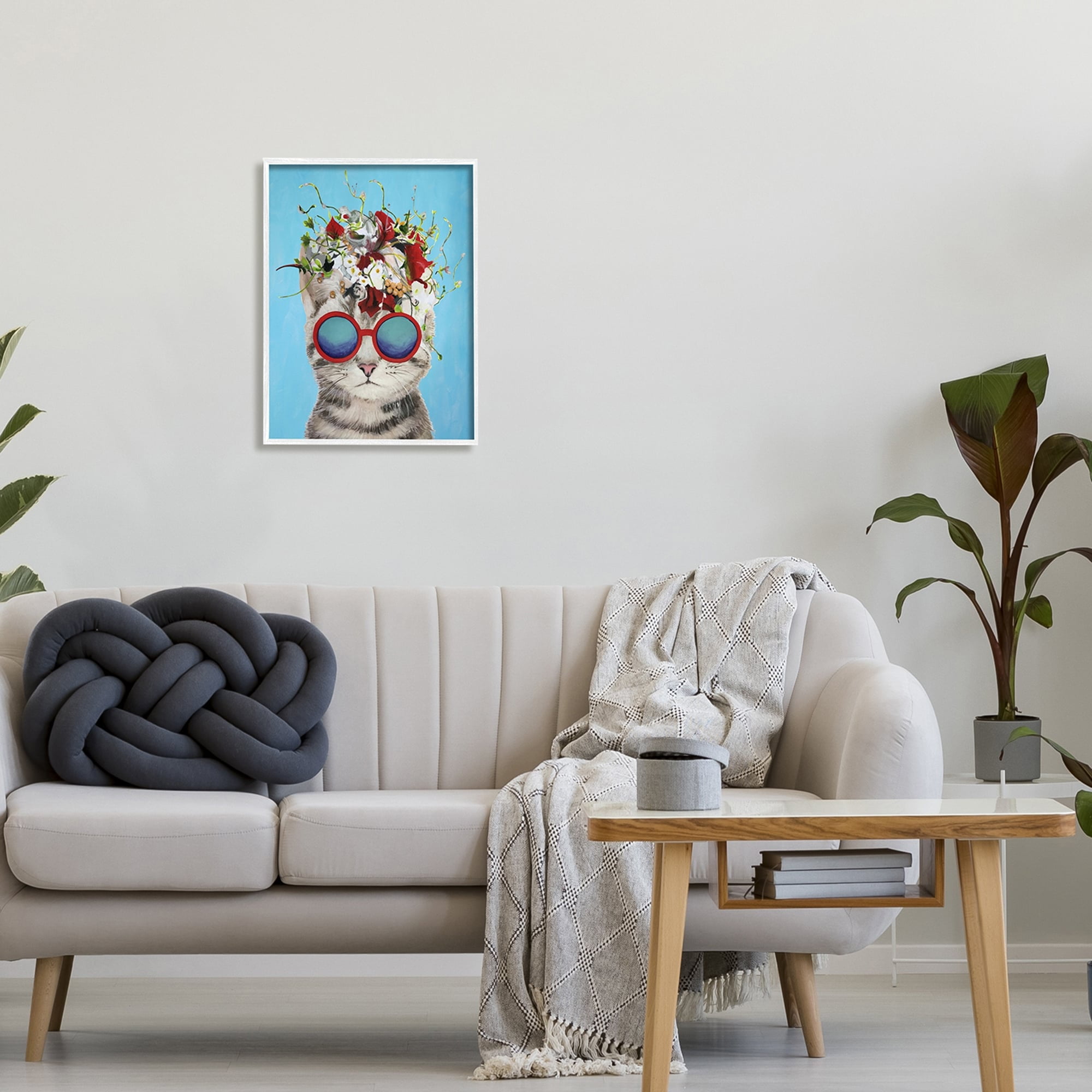 Stupell Industries Cute Fun Flowery Cat Wearing Sunglasses Bold Blue Background , 16 x 20, Design by Coco de Paris