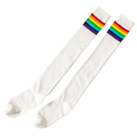 

CHOMOEN Japanese Women Girls Autumn Over Knee Thigh High Stockings Bright Rainbow Stripes Patchwork Preppy Style Student Stretchy Cotton Long Socks