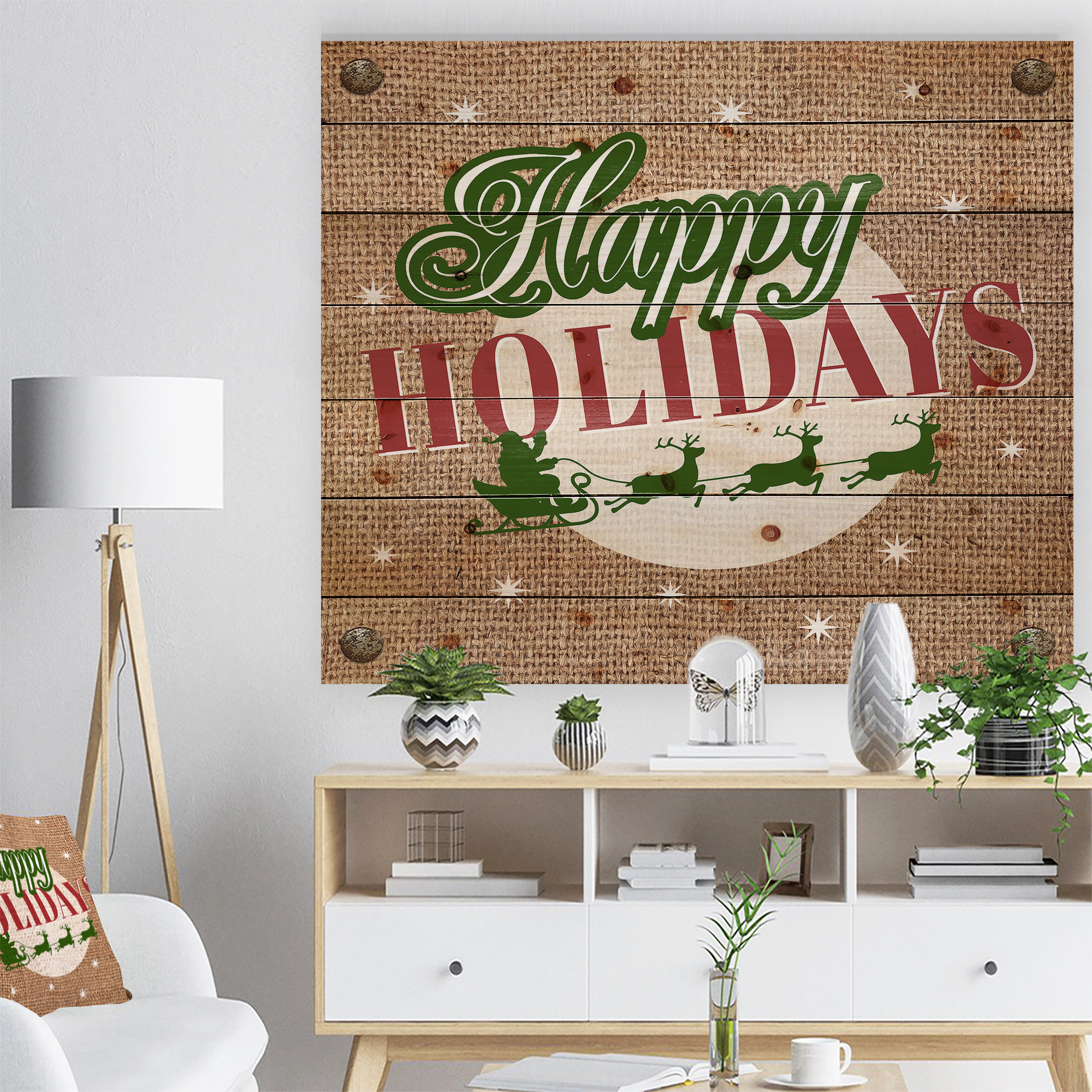 Designart 'Happy Holidays Christmas Wish on Burlap' Print on Natural Pine Wood