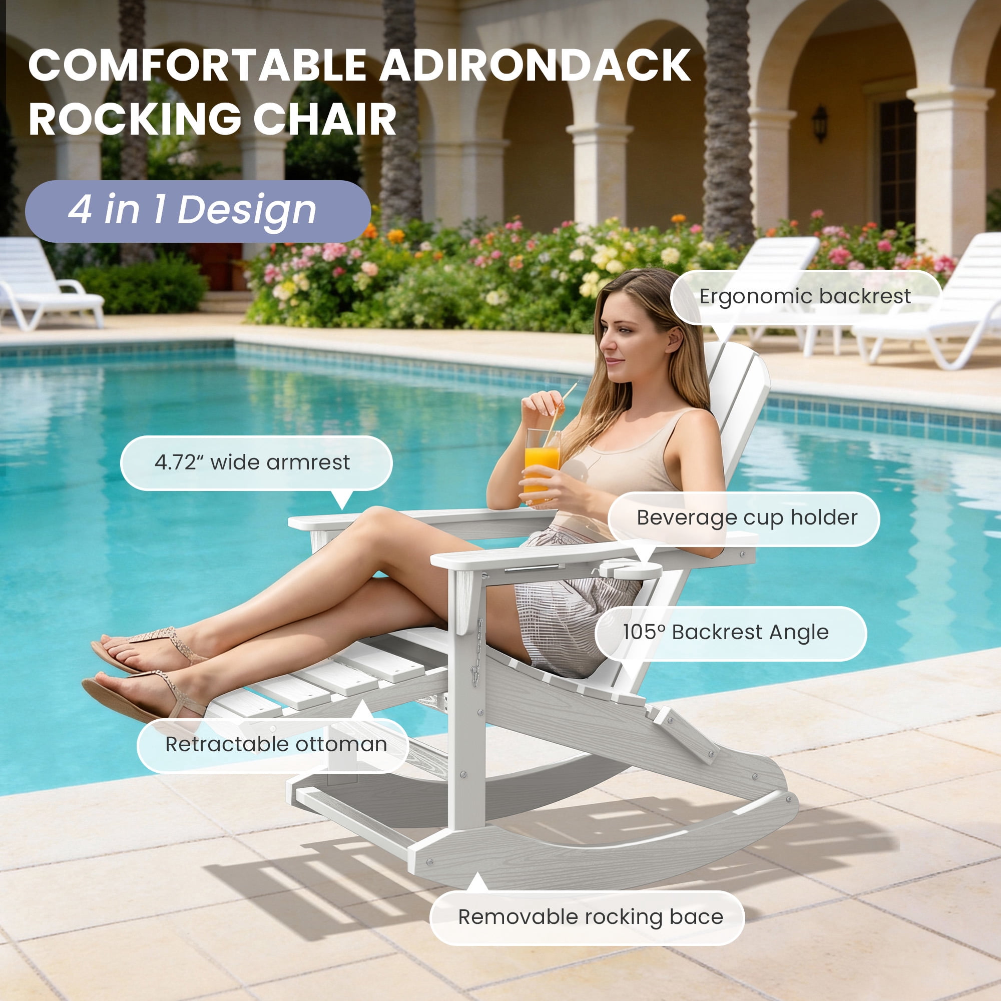 KINGYES Adirondack Rocking Chair with Retractable Ottoman and Cup Holders, HDPE Adirondack Rocker, Patio Rocking Chair for Porch, Patio