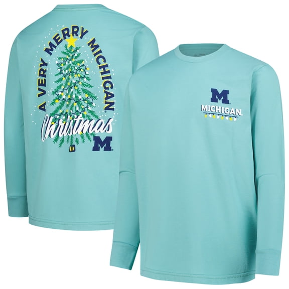 Youth Light Green Michigan Wolverines Merry Christmas Tree Long Sleeve T-Shirt