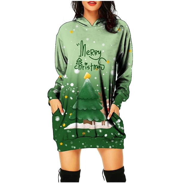 Vestidos de Navidad Para Mujer Casual Con Estampado de Bolsillo Vestido de Manga Larga Con Capucha Suelta Odeerbi ODB197780