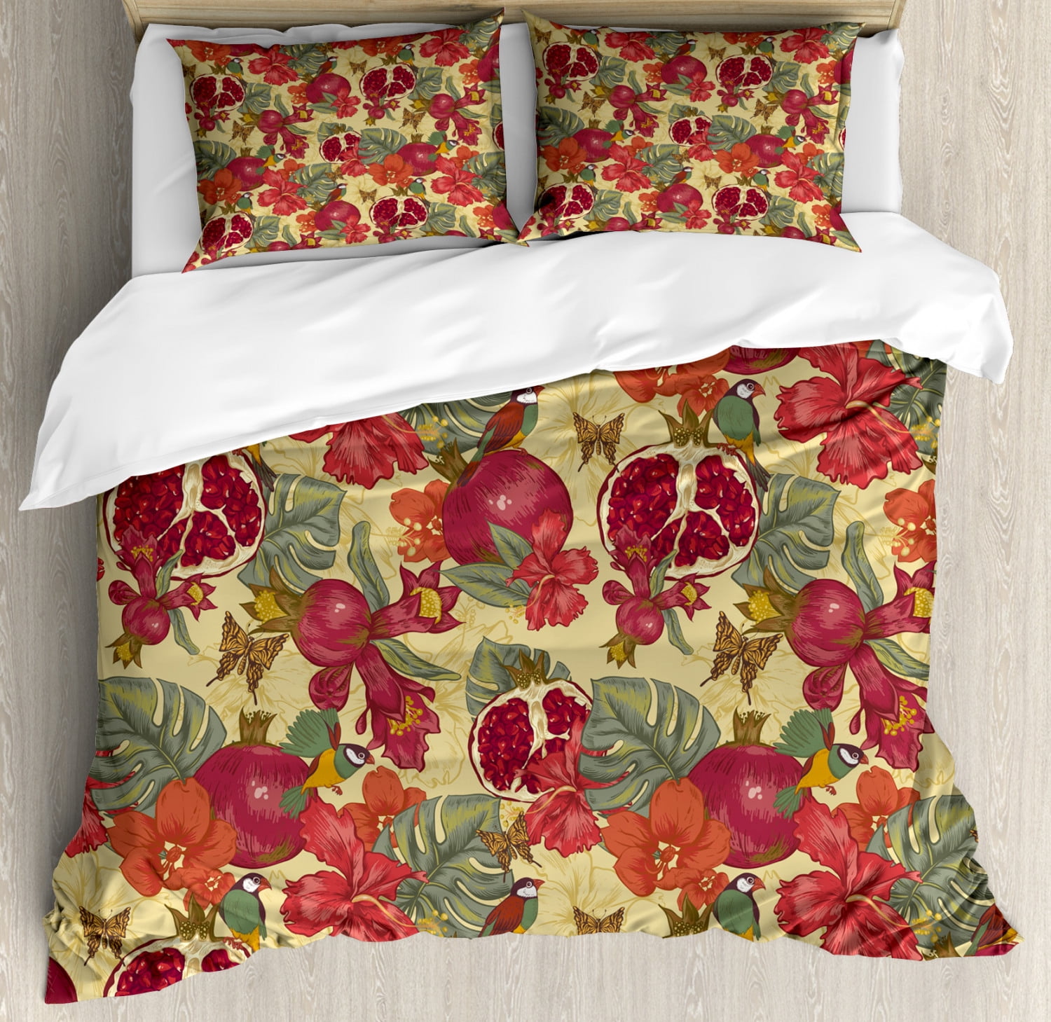 Red Duvet Cover Set King Size, Natural Tropical and Exotic Birds