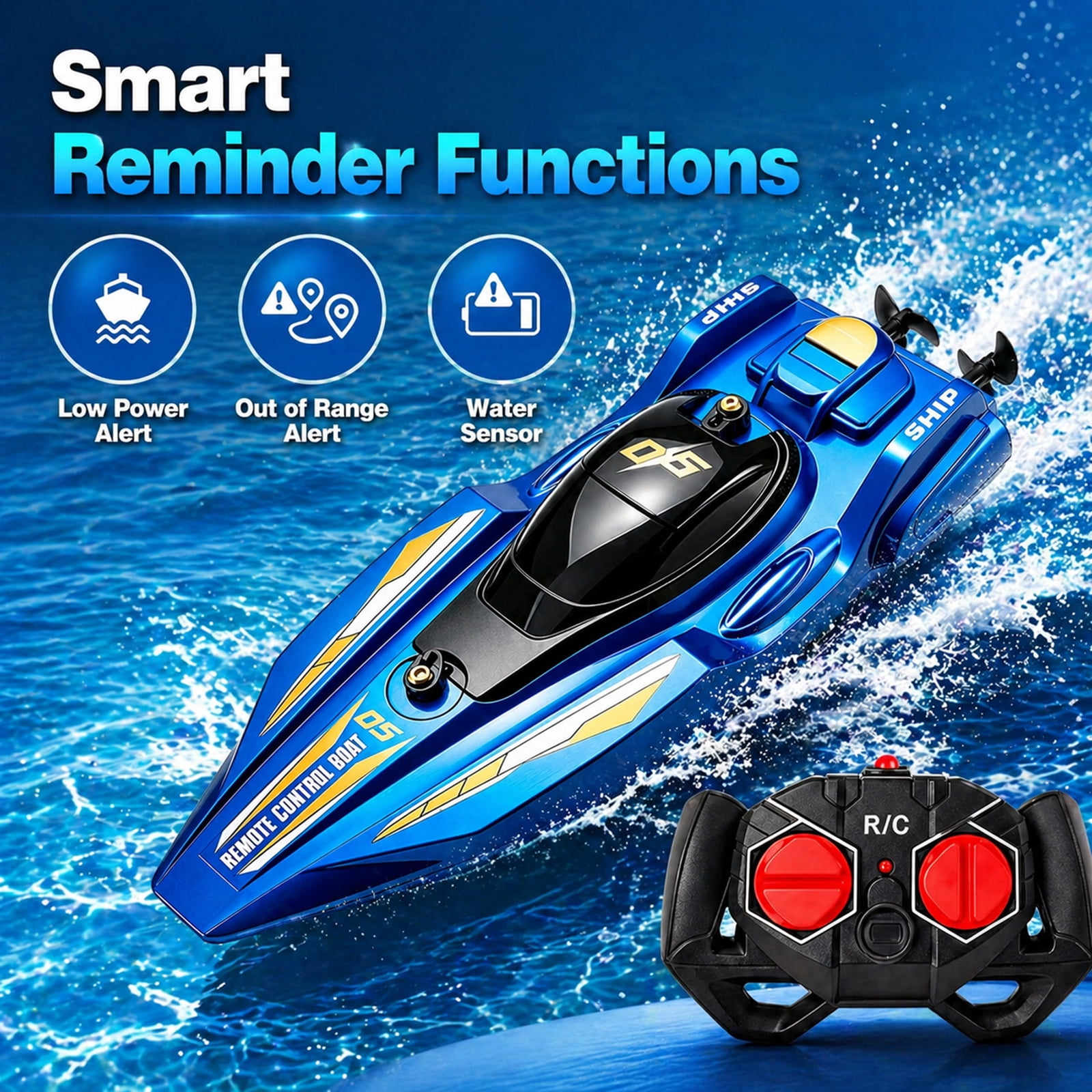 Funtogether High Speed Remote Control Boat for Pools and Lakes, 2.4GHz Waterproof RC Speedboat with Dual Motors, Blue