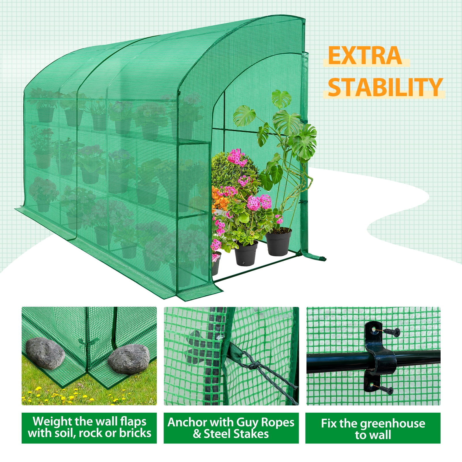 EAGLE PEAK 10x5x7ft Outdoor Lean to Walk-in Greenhouse with Shelf, Green