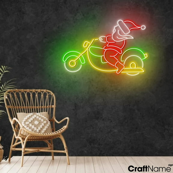 Craftnamesign Santa Riding Motorcycle Neon Sign, Motorcycle LED Light, Christmas Wall Art