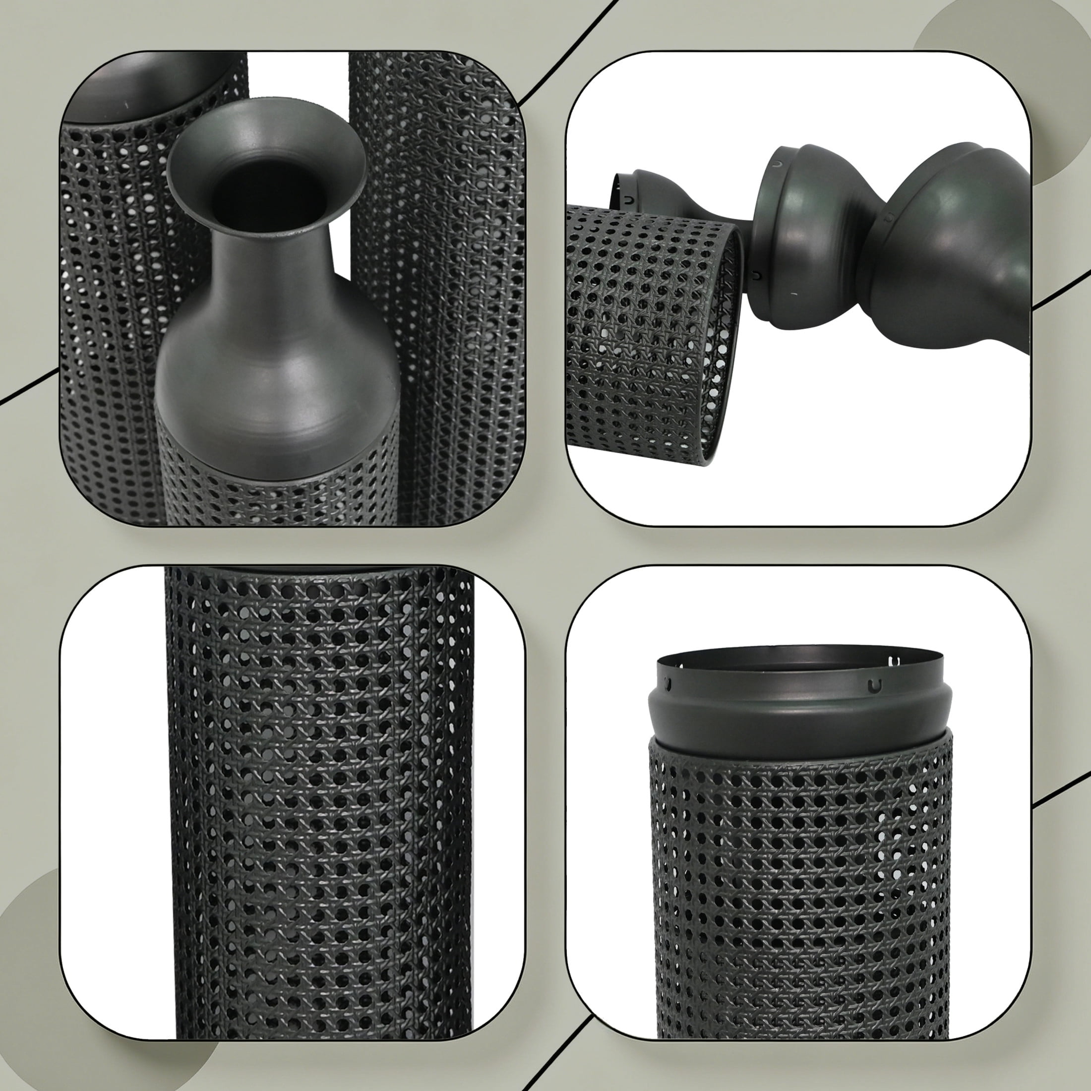 Noble House Set of 3 Decorative Metal Floor Vases, Cane Pattern Tall Vases, Black