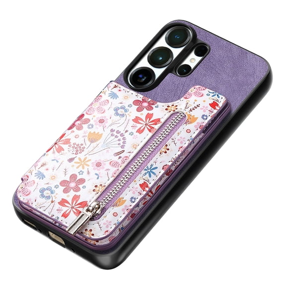 For Samsung Galaxy S26 Ultra Wallet Case, RFID Protected Zipper Purse Phone Cover with Kickstand, Shockproof Floral PU Leather for Women, Purple