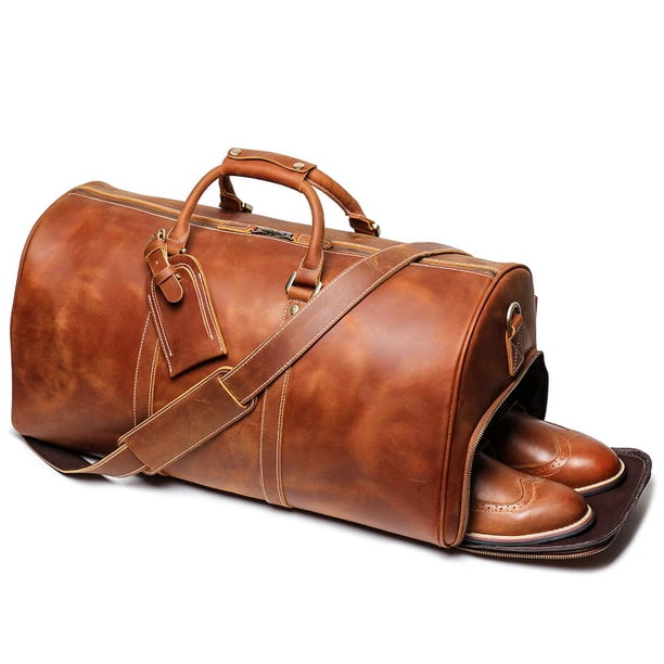 Bolsa de viaje de piel Leathfocus, clásica para hombre, bolsa de fin de semana de piel para toda la noche, de grano completo, retro, deportiva, gimnasio, equipaje de mano con cremallera YKK (marrón)