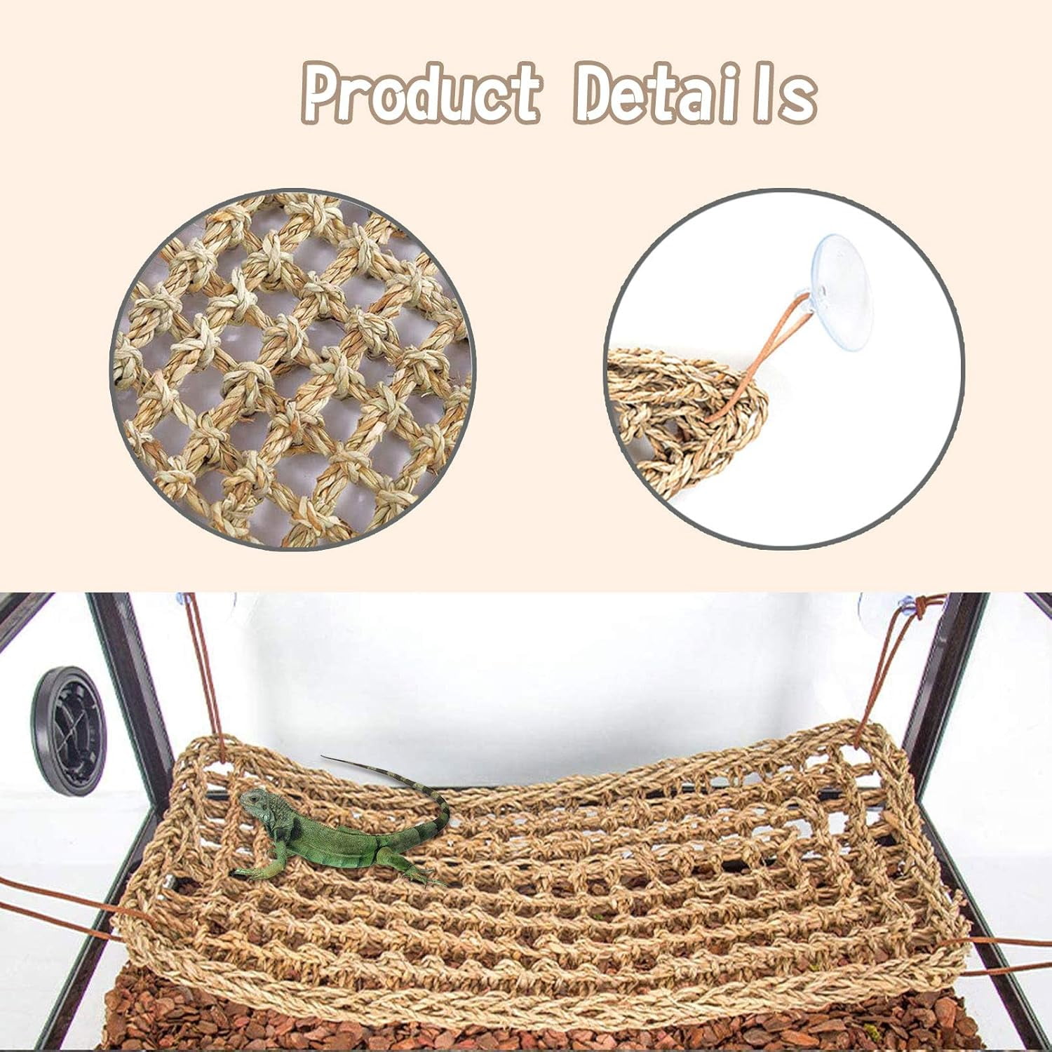 Bearded Dragon Hammock, Reptile Lounger Natural Seagrass Lizard Habitat Tank Accessories Jungle Climber Vines Flexible Leaves Decor for Climbing Reptiles Chameleon Gecko Snakes