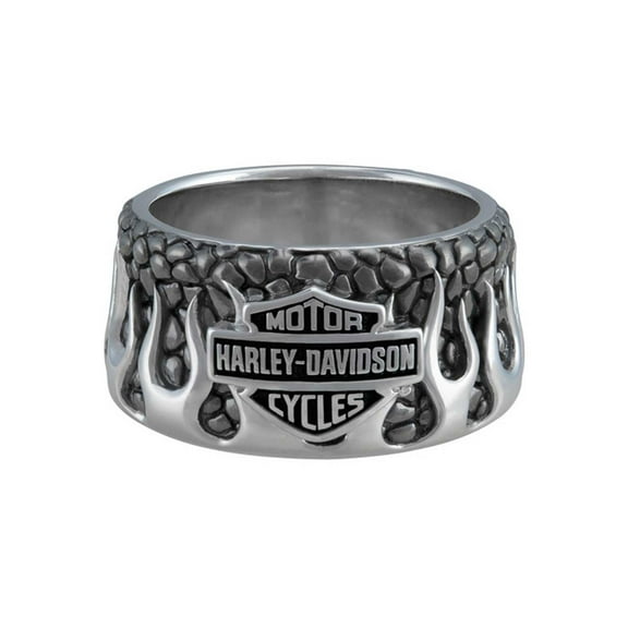 Harley-Davidson Men's Textured Flames Bar & Shield Stainless Steel Ring (13), Harley Davidson