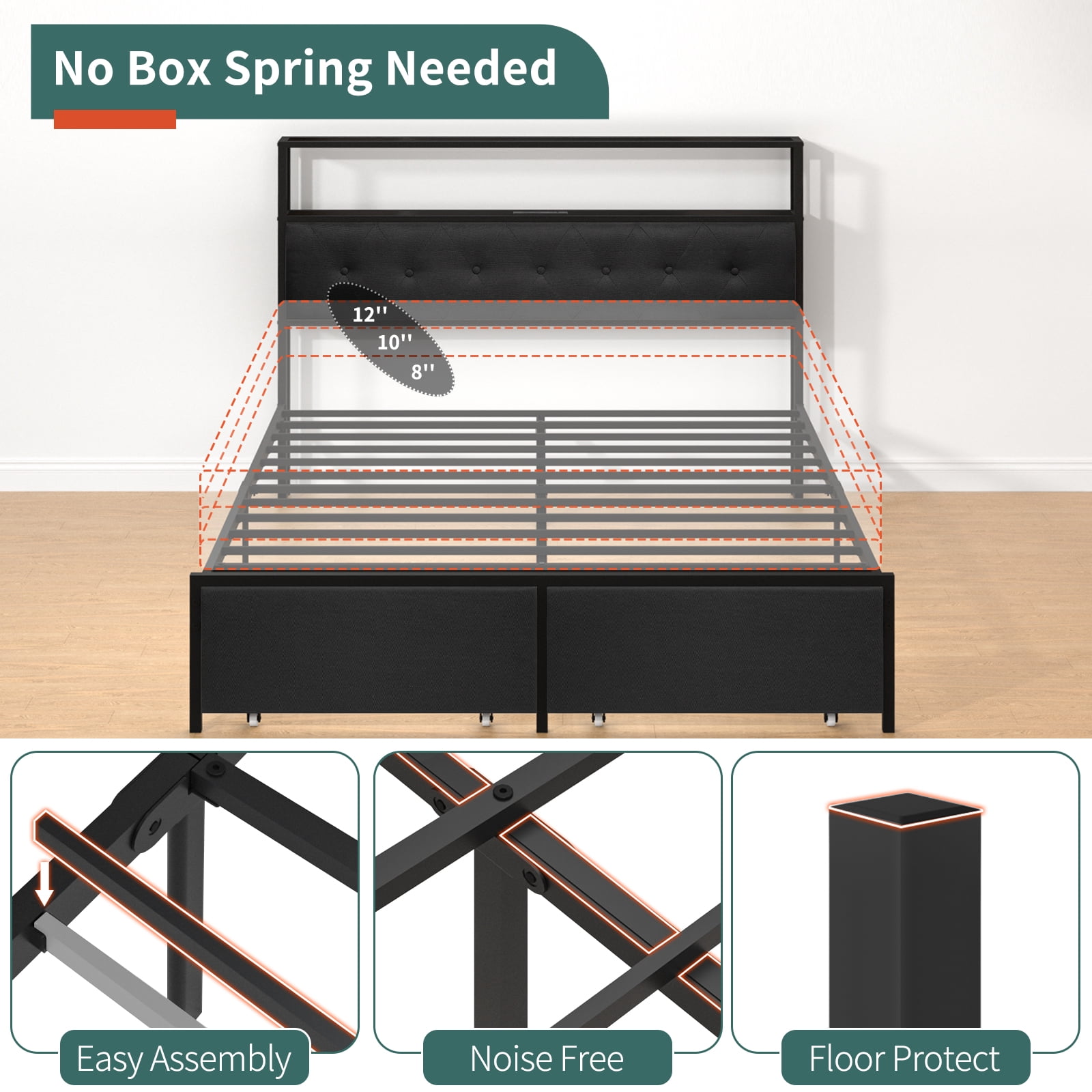Full Size Bed Frame with LED Storage Headboard Shelf, Bed Metal Platform with Charging Station, Black