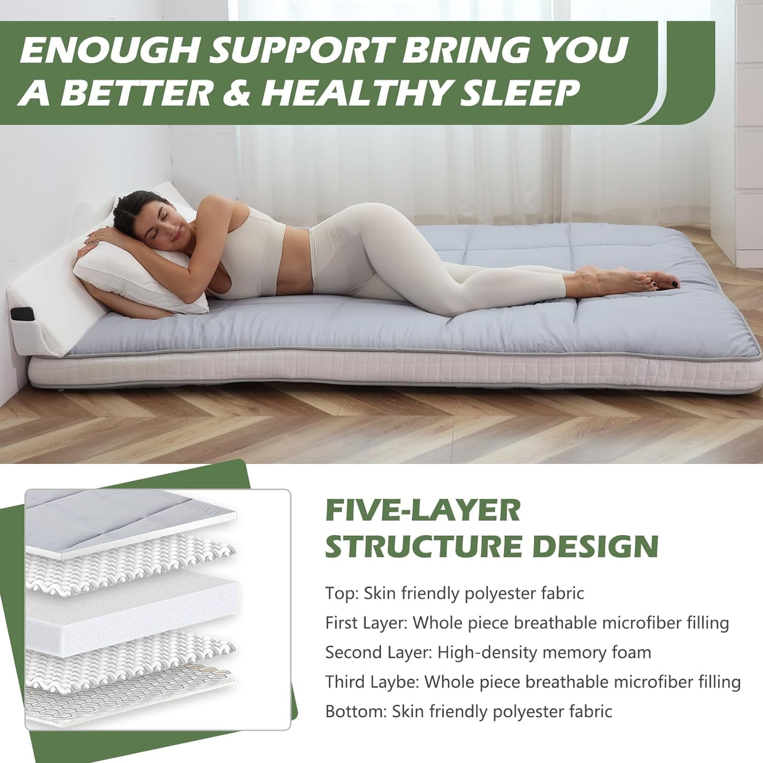 ABORON Futon Mattress Full Size 5" Thicken Japanese Floor Mattress Folding Guest Mattress Protable Roll up Mattress Soft Memory Foam Tatami Mat Sleeping Pad for Bedroom Camping Tent