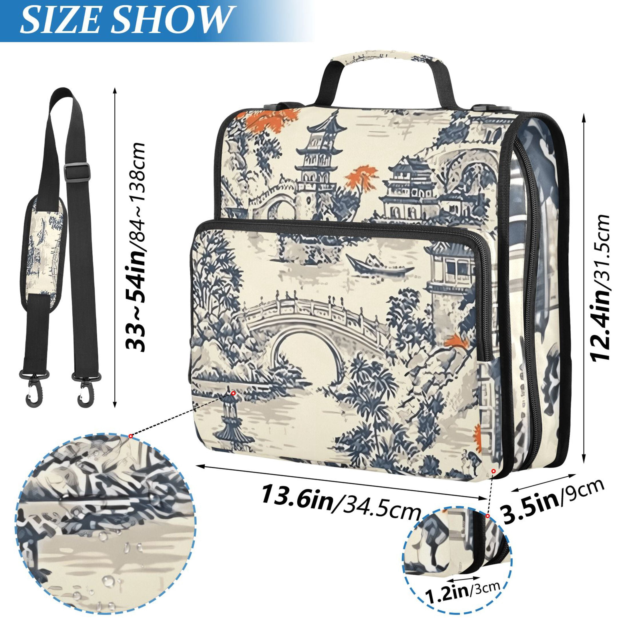 3 Ring Zipper Binder with Shoulder Strap Waterproof Trapper Keeper 2 Inch D-Ring 500 Sheets Capacity Garden with Pagoda and Bridge