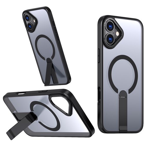 for iPhone 16 Case with Stand, Compatible with MagSafe, Magnetic Kickstand Case for iPhone 16, Military-Grade Protection Shockproof Case, Clear Acrylic Soft TPU Material, Black