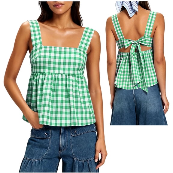 hoksml Women's Checkered Print Square Neck Tank Top, Back Tie Sleeveless Babydoll Blouse