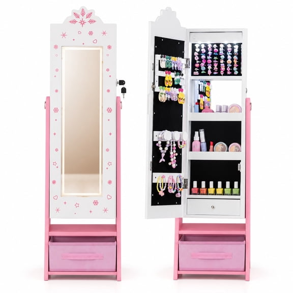 Fenbeli Kids Jewelry Armoire Freestanding Jewelry Cabinet with 3-Color Lighted Full Length Mirror, 12" x 12" x 44.5"Full-length Footprint, White