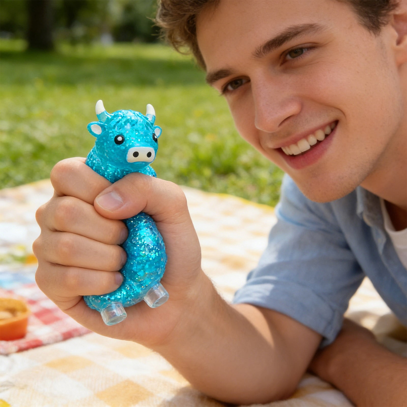 Glitter Stress Relief Hippo Squeeze, Cute Malt Sugar Filled Hippo Squeeze Sensory Fidget, for Adults Anxiety Relief Birthday Party Favors Gift Sugar Ball (Blue)