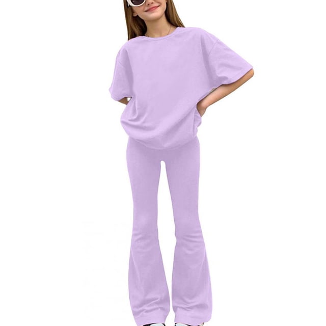 Conjuntos de blusas y camisas de cuello redondo y manga corta para niños, camisetas de manga corta de color liso y pantalones largos, conjunto de dos piezas para niñas, top de poliéster