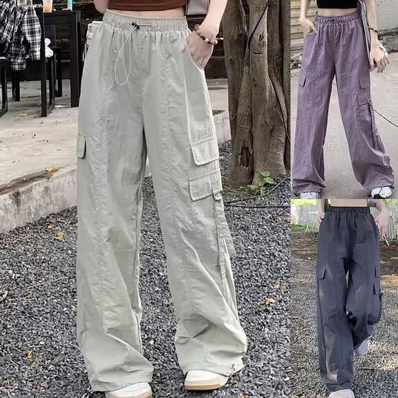HVOBTTY Women's Fall Wide Leg Long Cargo Pants High Waist Drawstring Waist Cuffed Ankles Draping Cut