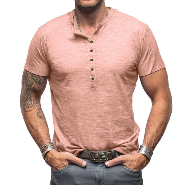 Ceisia Men's Slim-Fit Henley Neck Slub Cotton Short Sleeve T-Shirt Pink XL Gifts