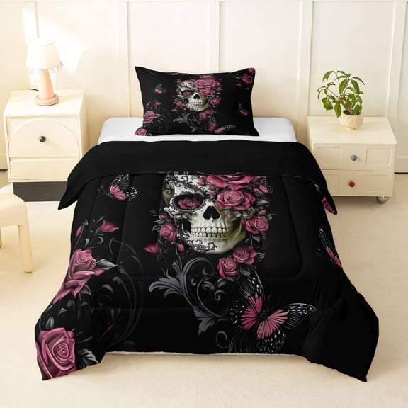 Homewish Spooky Halloween Skull Twin Comforter Sets,Pink Rose Floral Butterfly Bedding Set,Black Reversible,2pcs,1 Comforter and 1 Pillowcase