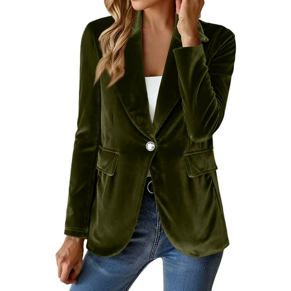 CharmCyan Women’s Velvet Blazer Long Sleeve Single Button Tailored Jacket with Notched Lapel and Flap Pockets for Office or Casual Wear Army Green L