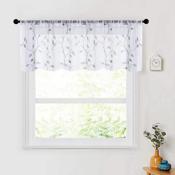 Sheer Voile Curtain Valance with Leaf Embroidery, Rod Pocket Semi-Transparent Panel for Windows in Bedroom Kitchen Basement, gray